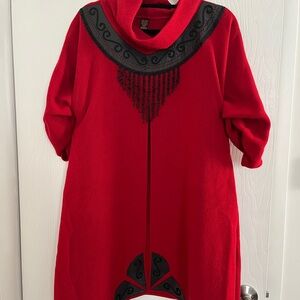 Red Poncho with Black Leather & Beaded Details Med 1990’s Handmade Ecuador